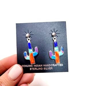 Cactus Inlayed Earrings Sterling Silver Native American Handmade